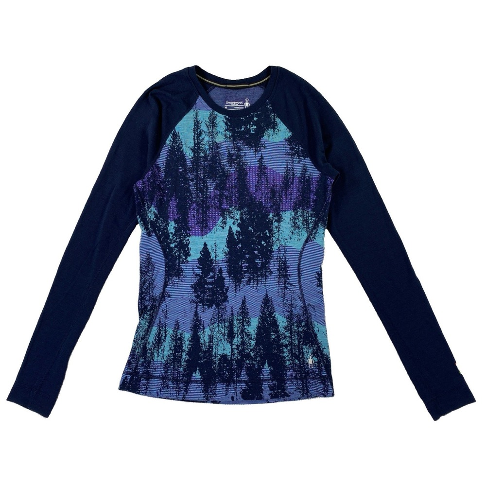 Smartwool Merino 250 Baselayer Tree Pattern Crew Women's Medium Navy Blue